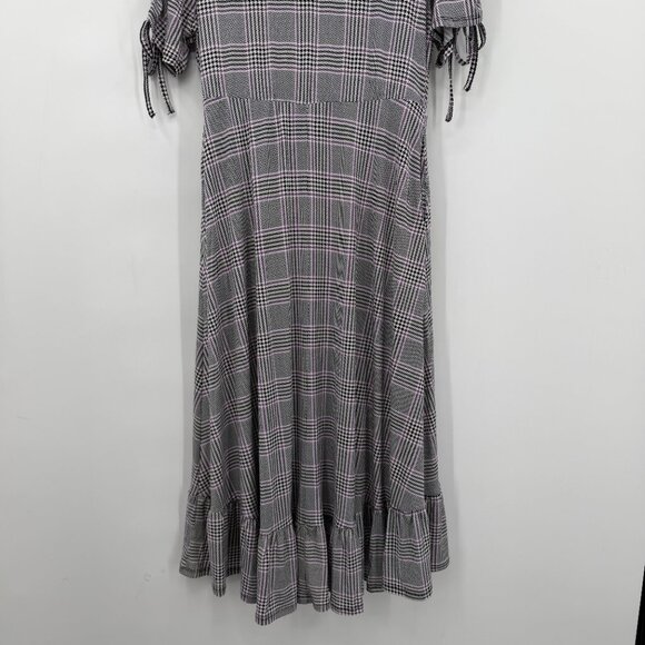 Torrid Plaid Wrap Midi Dress Ruched Sleeves Black Gray Purple Women’s 00 (M/L10) - Picture 6 of 11